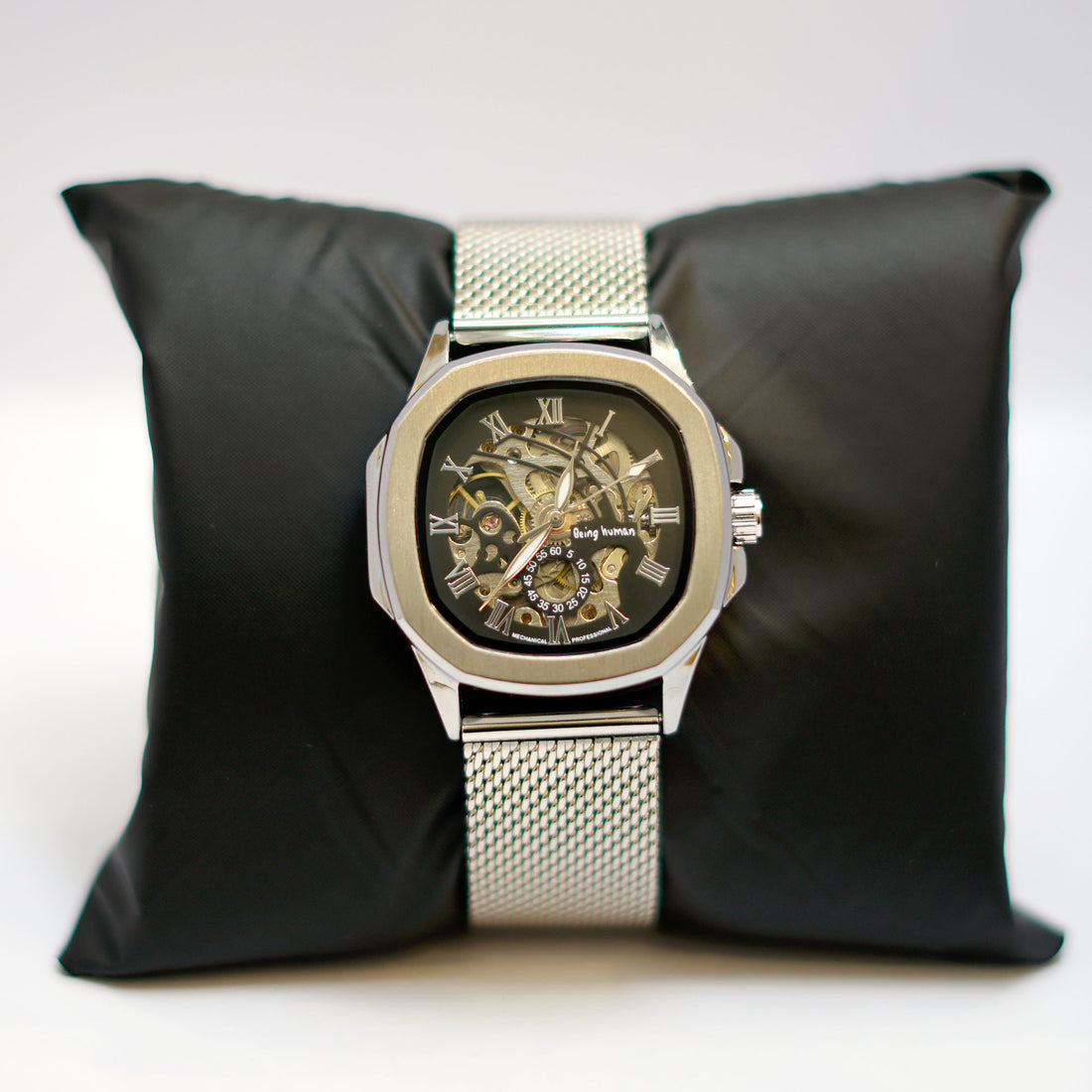 Silver Skeleton Watch with Mesh Band and Roman Numerals