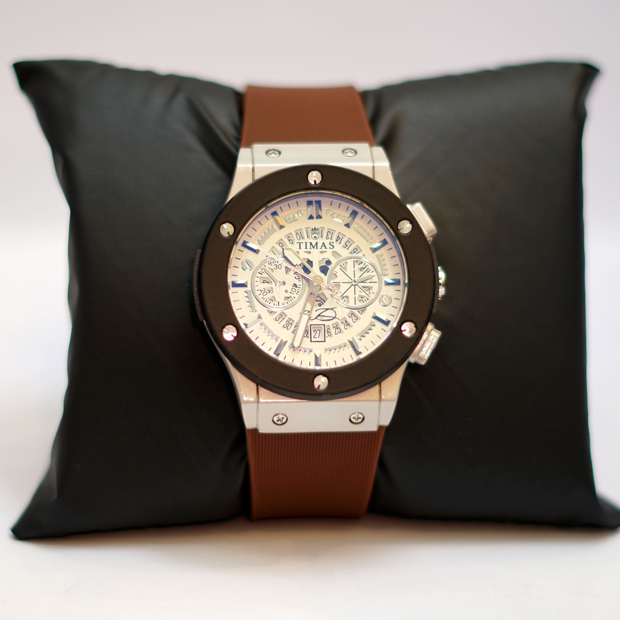 TIMAS Chronograph Sport Watch with Brown Leather Strap