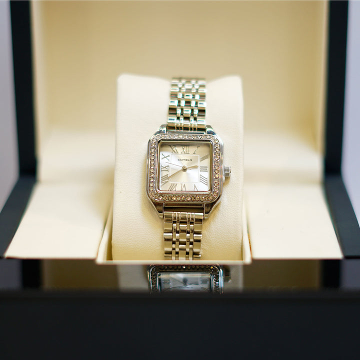 COMTEX Crystal-Embellished Square Ladies Watch with Champagne Dial
