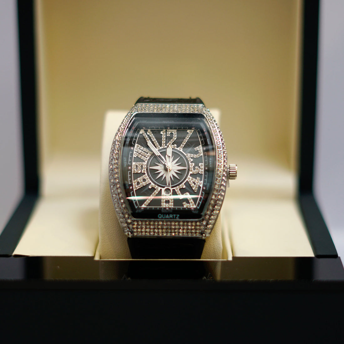 Luxury Crystal-Embellished Barrel Watch with Black Dial and Rubber Strap