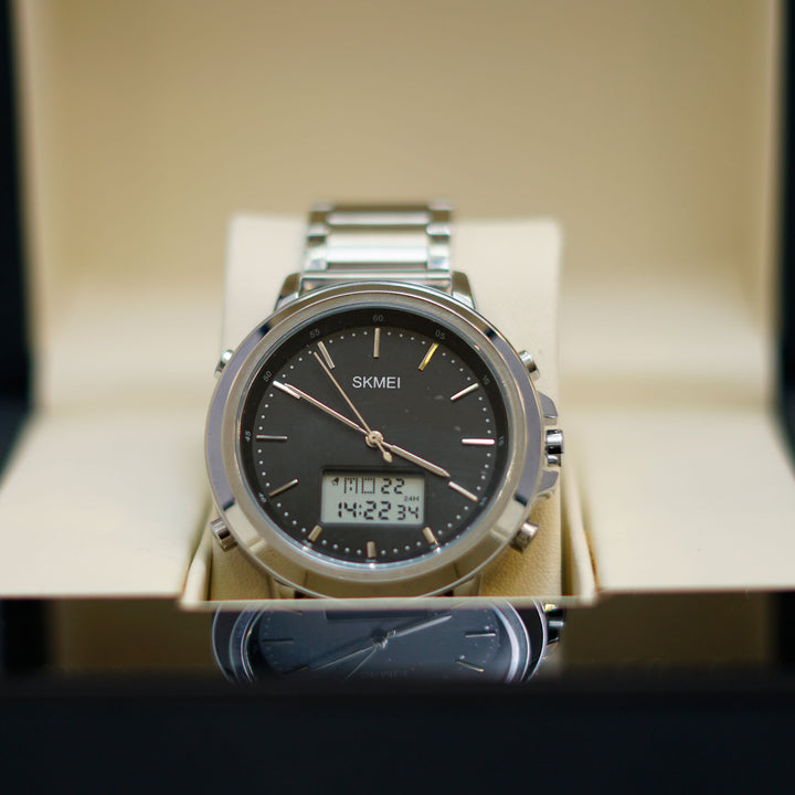 SKMEI Ana-Digi Dual Display Watch with Black Dial and Stainless Steel Bracelet