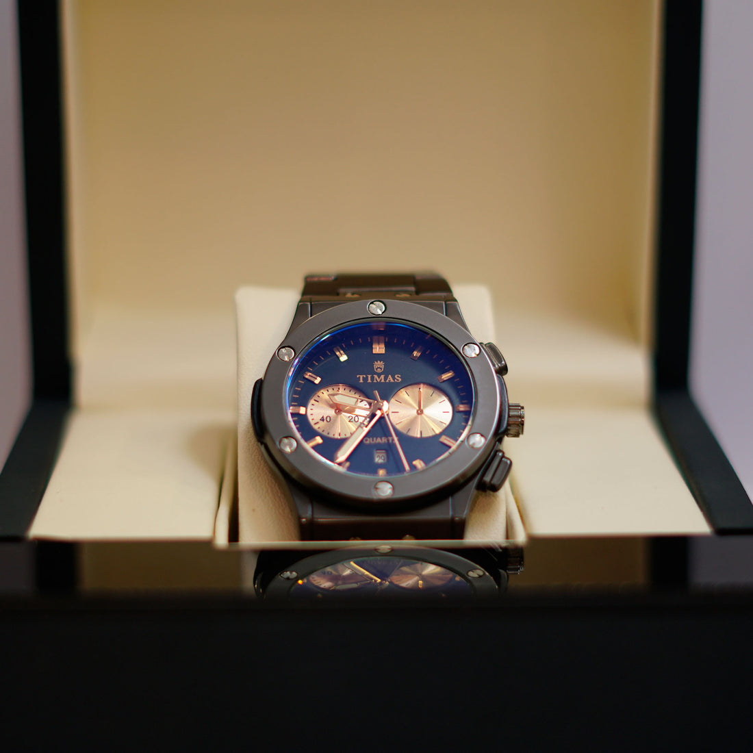 TIMAS Chronograph Watch with Blue Dial and Gunmetal Bracelet
