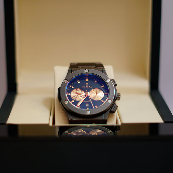 TIMAS Chronograph Watch with Blue Dial and Gunmetal Bracelet
