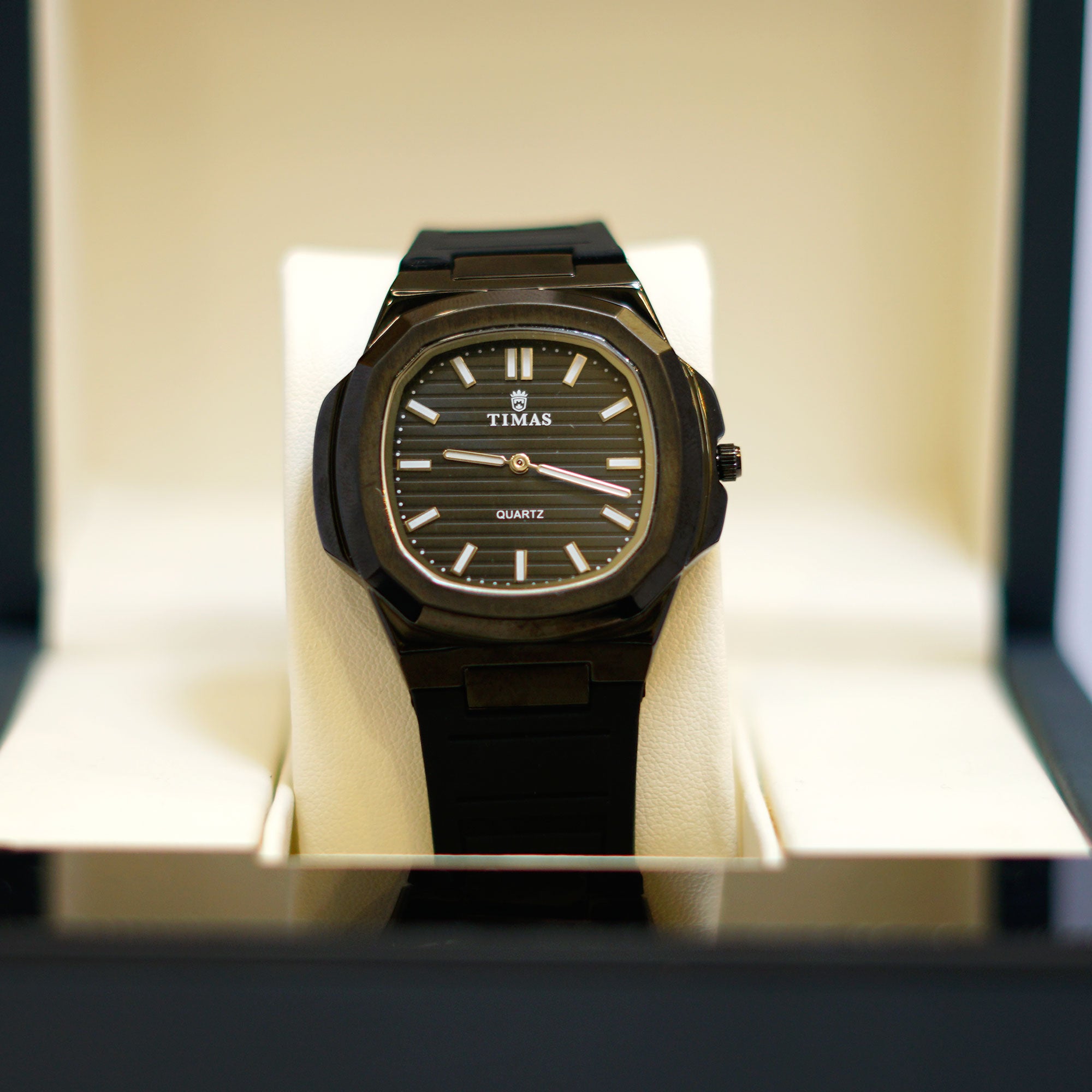 TIMAS Cushion-Shaped Watch with Black Dial, Gold Bezel and Rubber Strap