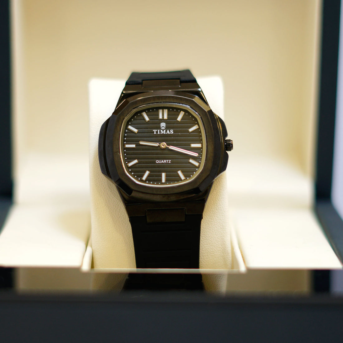 TIMAS Cushion-Shaped Watch with Black Dial, Gold Bezel and Rubber Strap