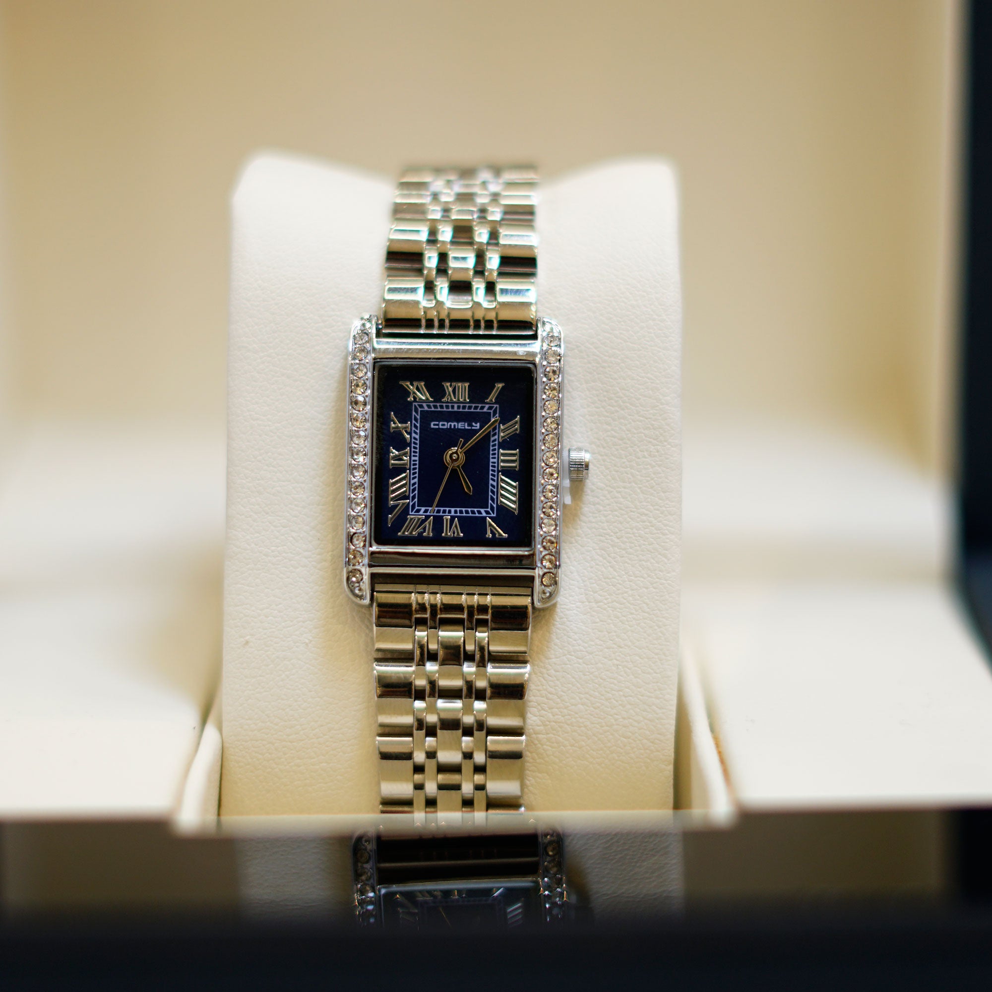 COMTEX Crystal-Embellished Rectangular Ladies Watch with Black Dial