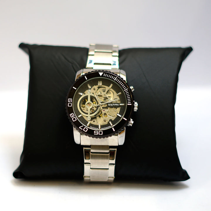 Bing Wang Skeleton Watch with Black Bezel and Stainless Steel Bracelet