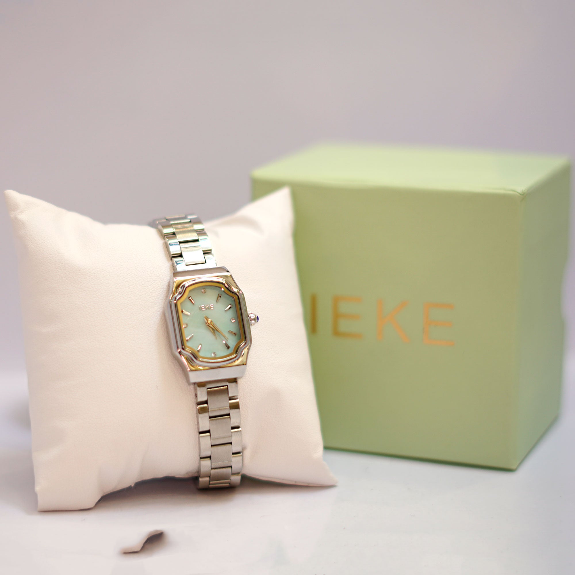 EVE Octagonal Ladies Watch with Mint Green Dial, Gold Bezel and Stainless Steel Bracelet
