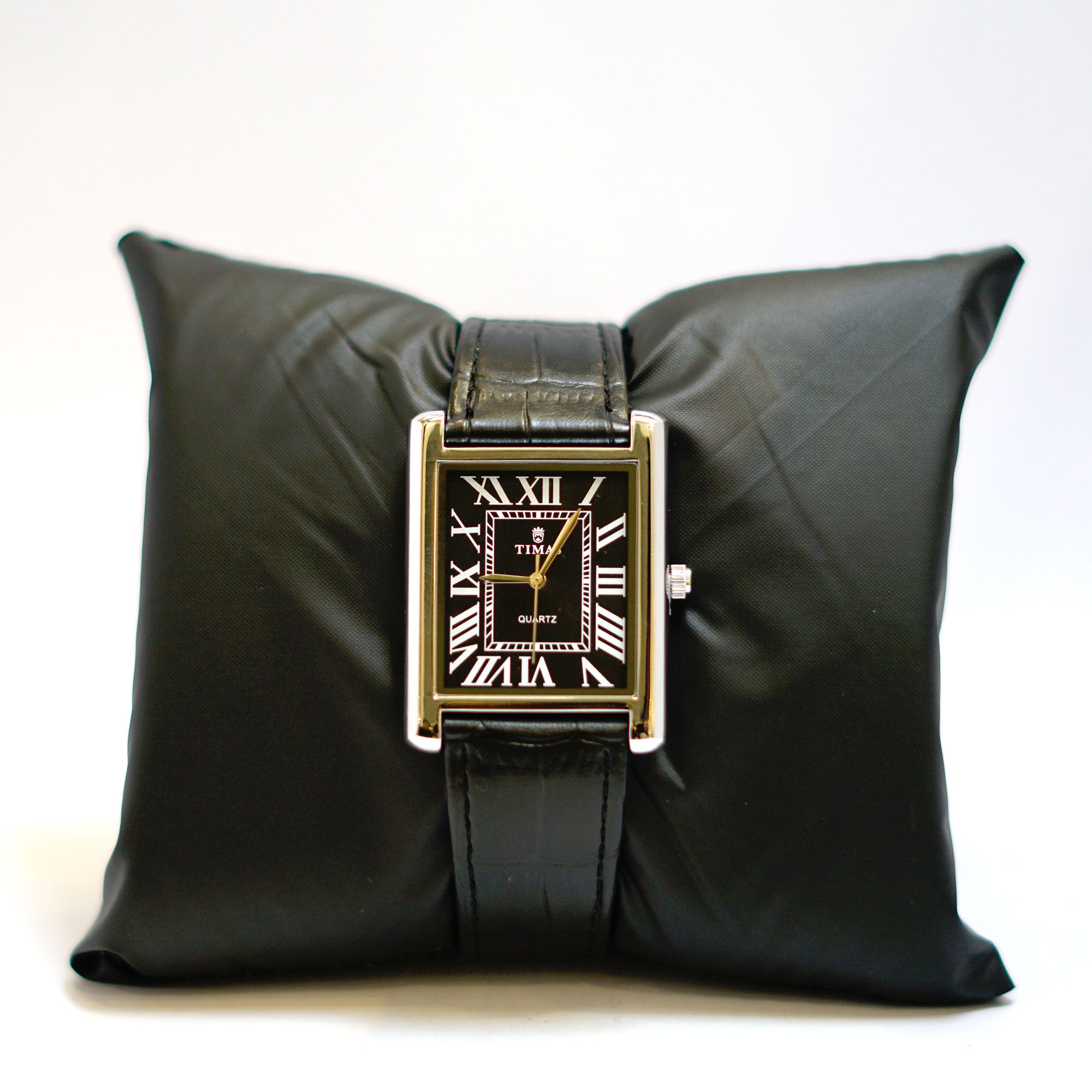 TIMAS Rectangular Watch with Black Dial, Roman Numerals and Leather Strap