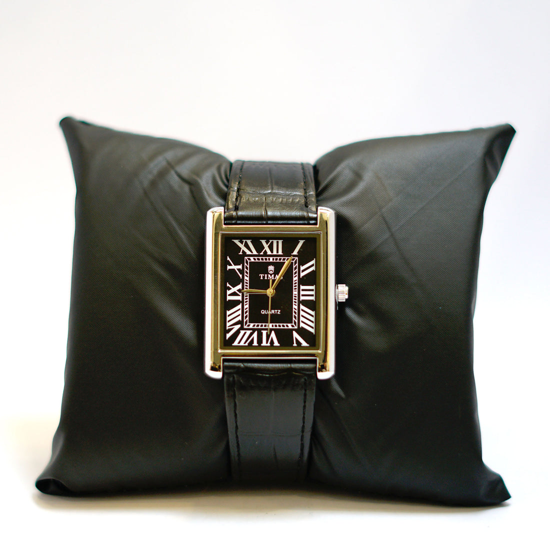 TIMAS Rectangular Watch with Black Dial, Roman Numerals and Leather Strap