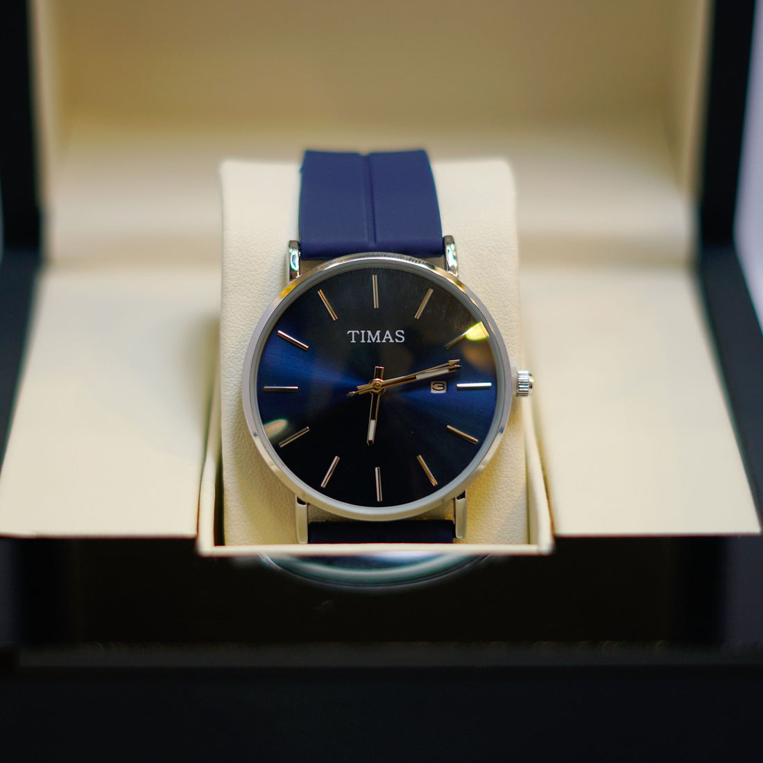 TIMAS Classic Blue Sunburst Dial Watch with Date Display