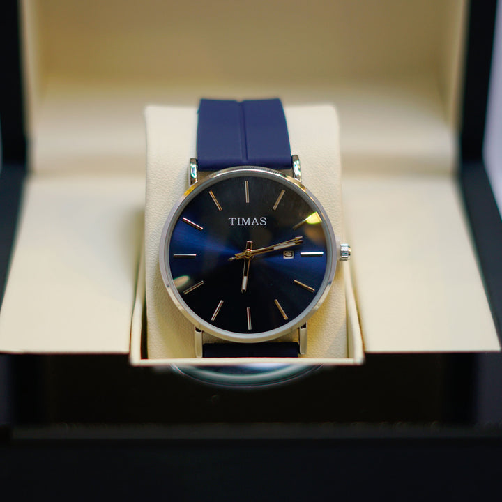 TIMAS Classic Blue Sunburst Dial Watch with Date Display