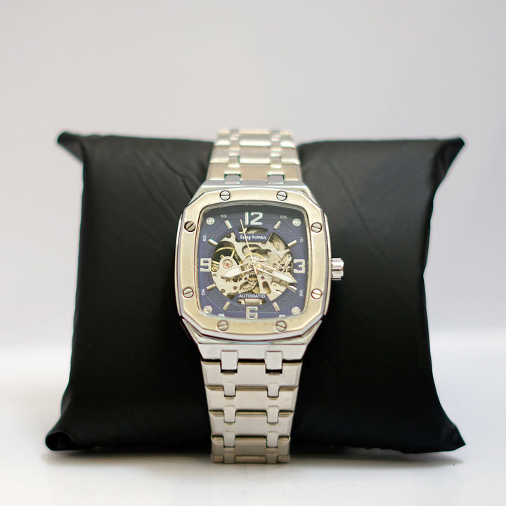 Bing Wang Barrel-Shaped Skeleton Watch with Blue Dial and Stainless Steel Bracelet