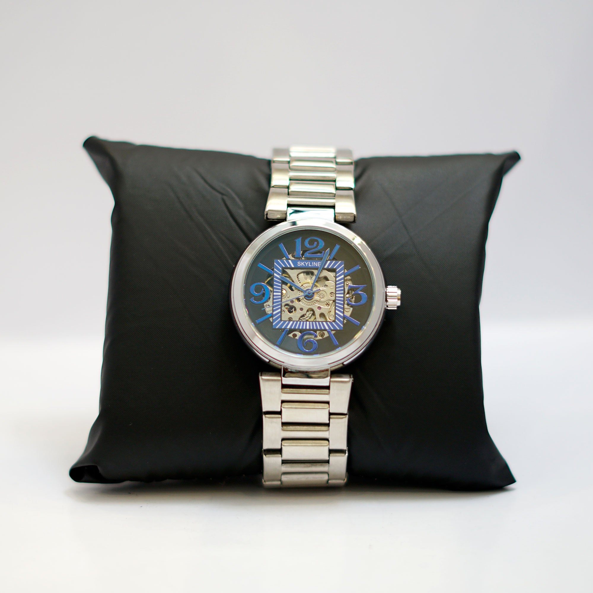 SKYLINE Skeleton Watch with Blue Dial and Silver Stainless Steel Bracelet