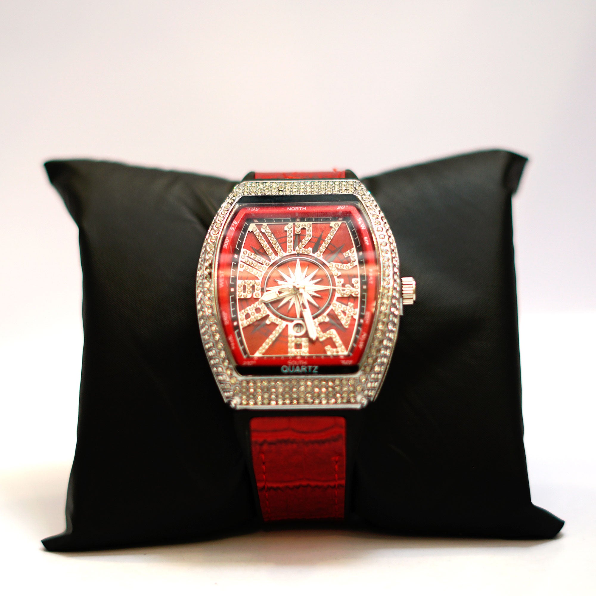 Luxury Crystal-Embellished Barrel Watch with Red Dial and Rubber Strap