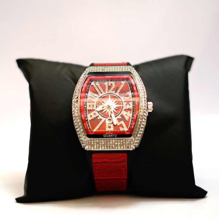 Luxury Crystal-Embellished Barrel Watch with Red Dial and Rubber Strap