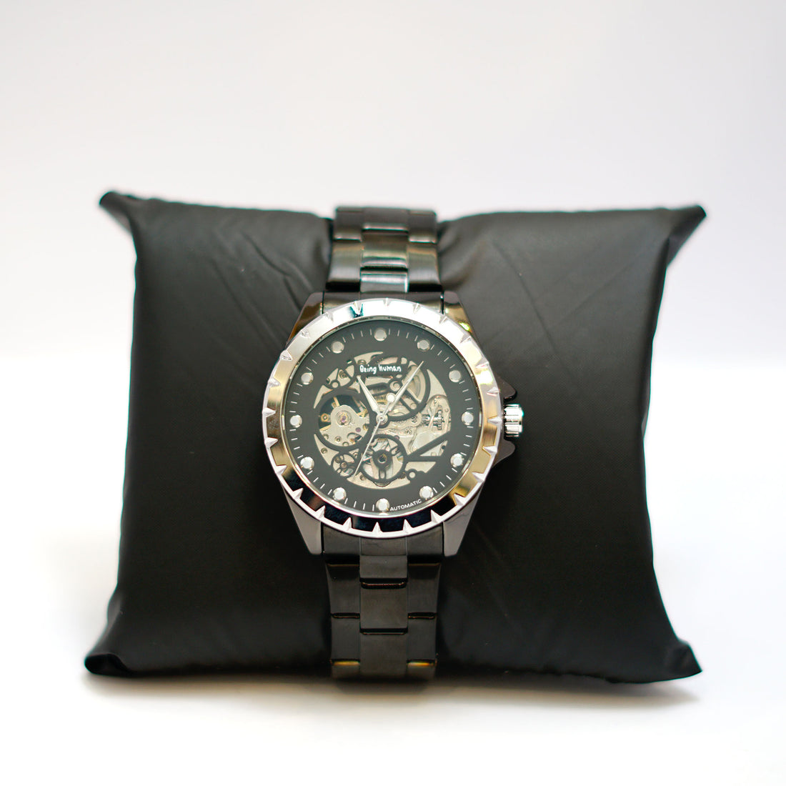 Automatic Skeleton Watch with Visible Movement and Steel Bracelet