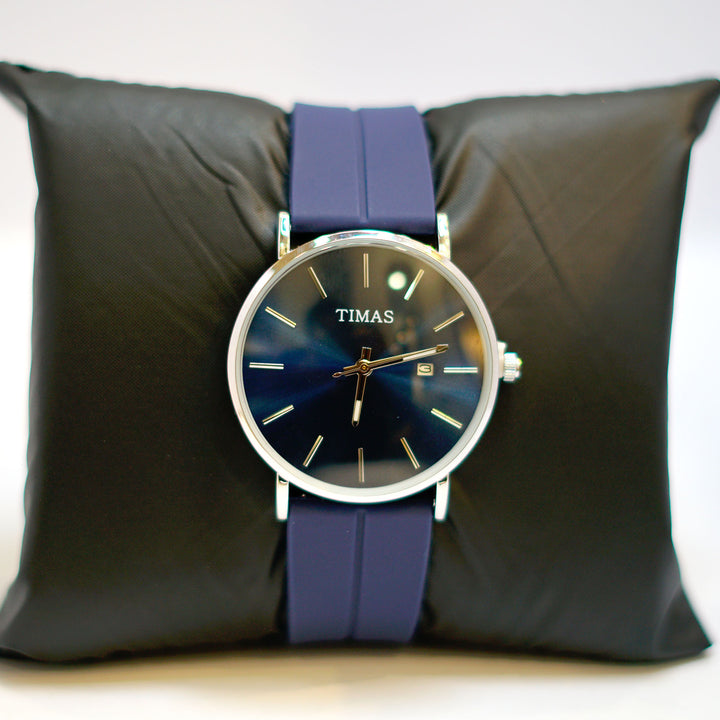 TIMAS Classic Blue Sunburst Dial Watch with Date Display