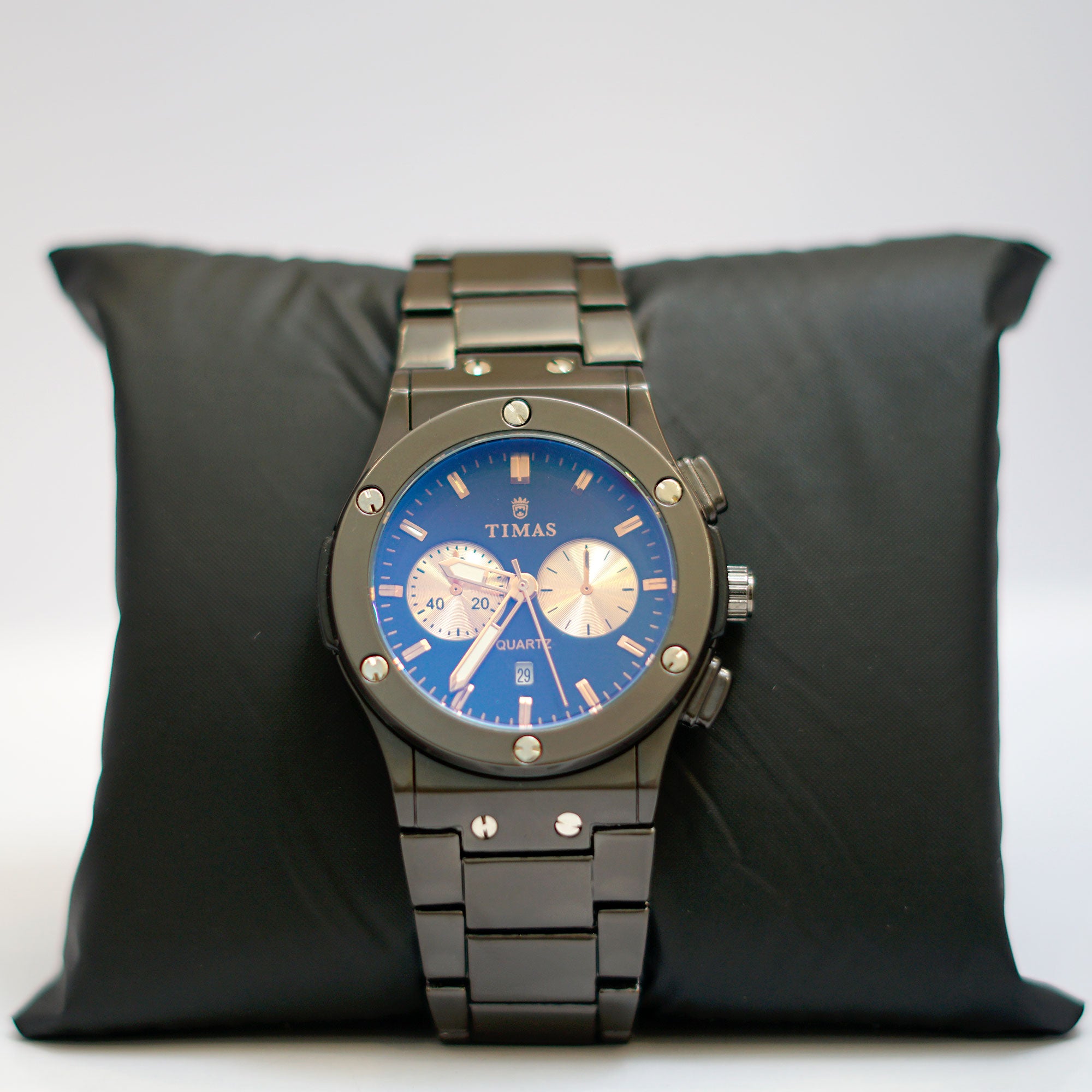 TIMAS Chronograph Watch with Blue Dial and Gunmetal Bracelet