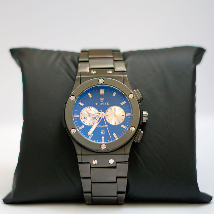 TIMAS Chronograph Watch with Blue Dial and Gunmetal Bracelet