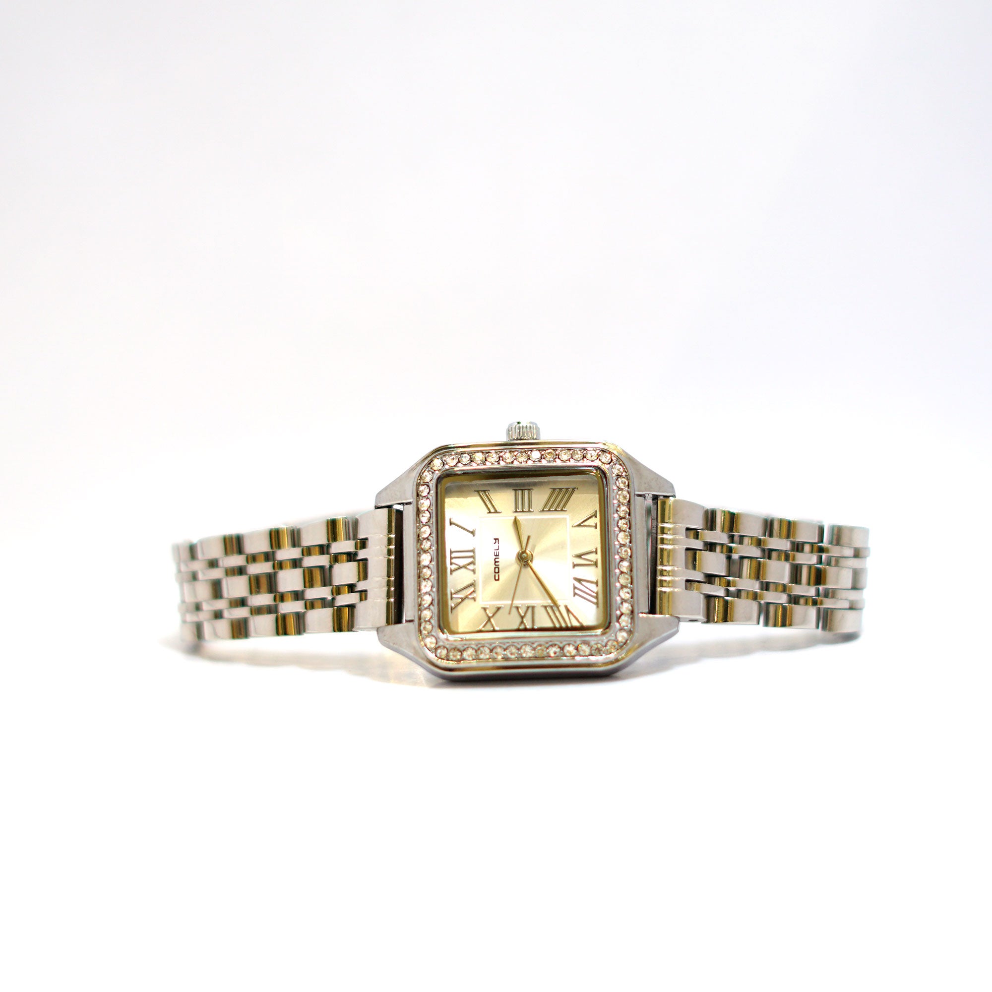 COMTEX Crystal-Embellished Square Ladies Watch with Champagne Dial