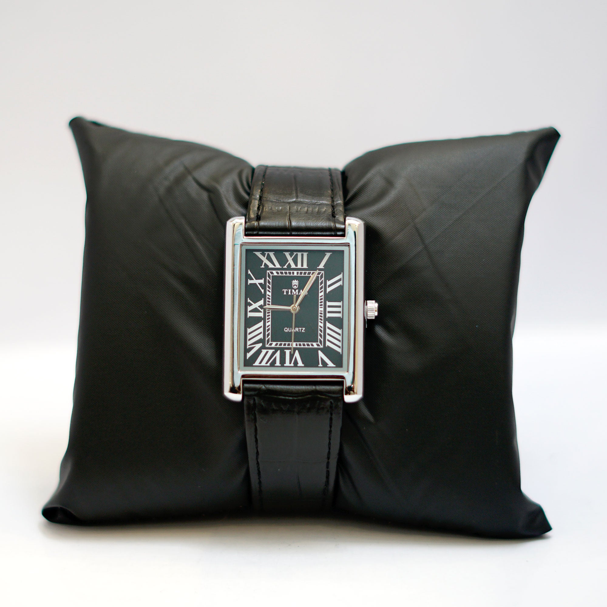 TIMAS Rectangular Watch with Black Dial, Roman Numerals and Leather Strap