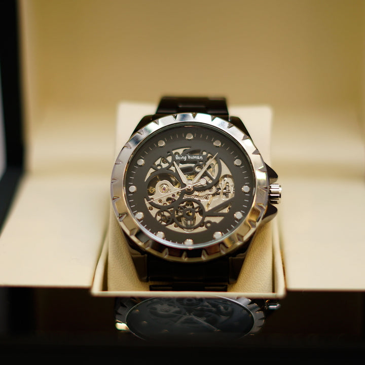 Automatic Skeleton Watch with Visible Movement and Steel Bracelet