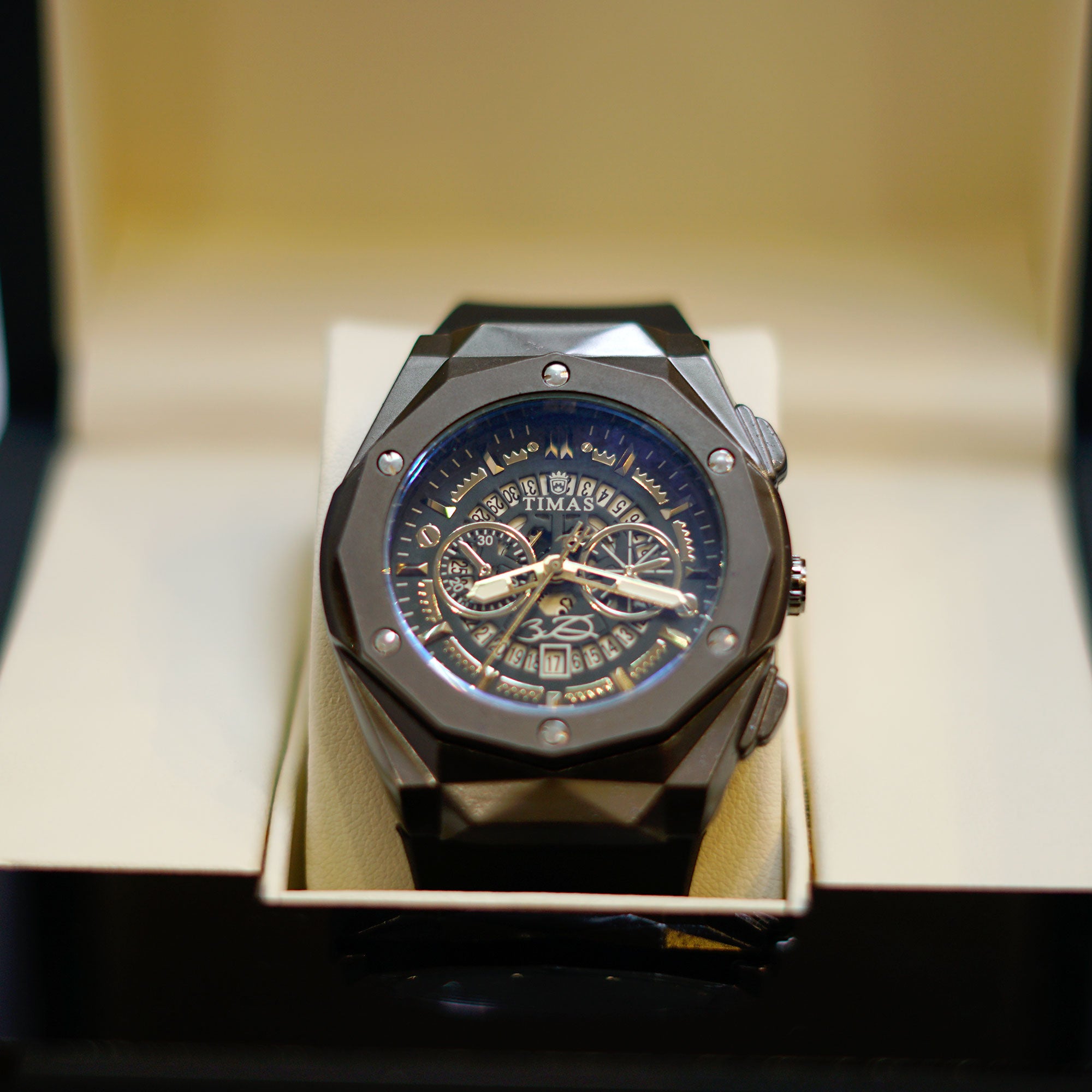 HUBLOT TIMES Gold Skeleton Chronograph Watch - Black Dial