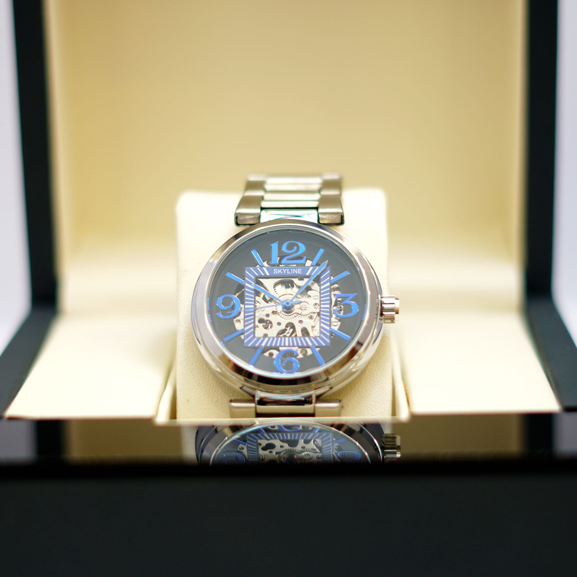 SKYLINE Skeleton Watch with Blue Dial and Silver Stainless Steel Bracelet