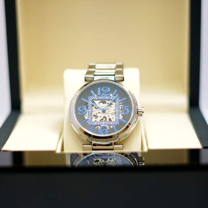 SKYLINE Skeleton Watch with Blue Dial and Silver Stainless Steel Bracelet