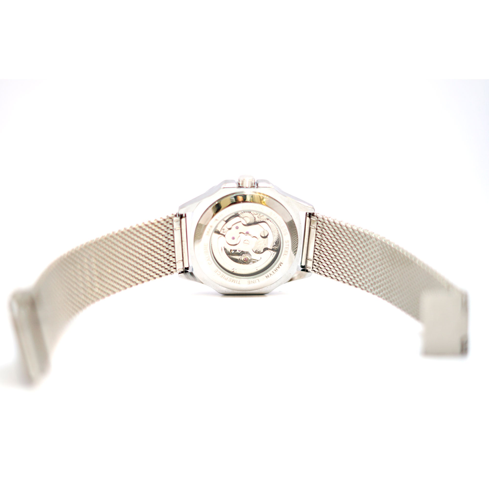 Silver Skeleton Watch with Mesh Band and Roman Numerals