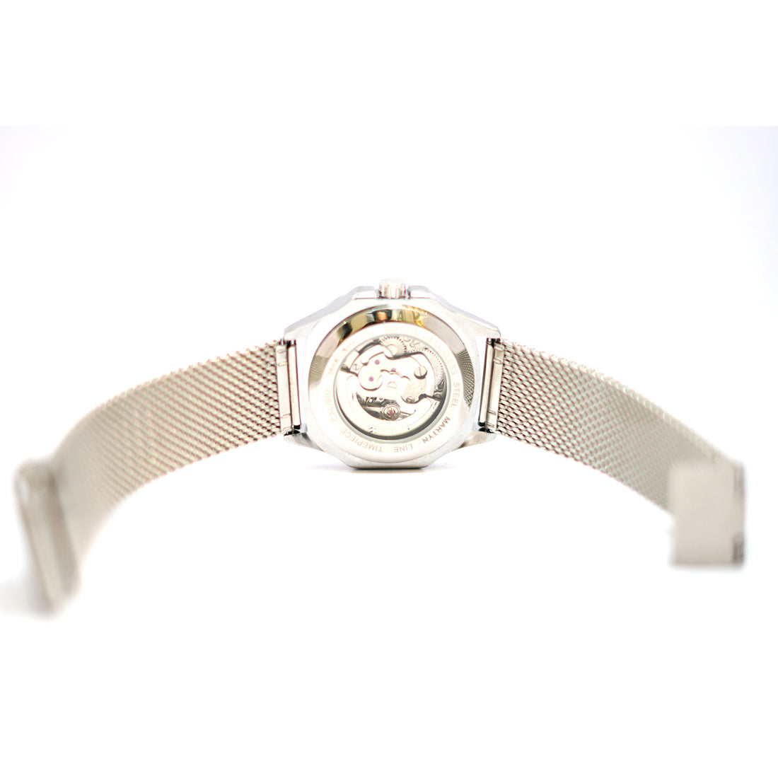 Silver Skeleton Watch with Mesh Band and Roman Numerals