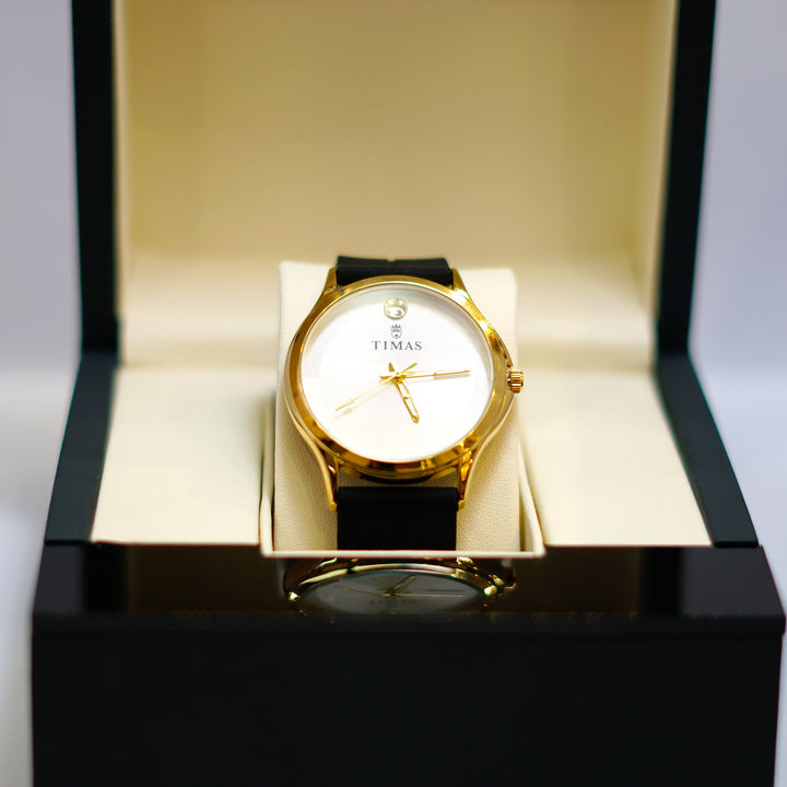 TIMAS Classic Gold-Tone Watch with White Dial and Date Display