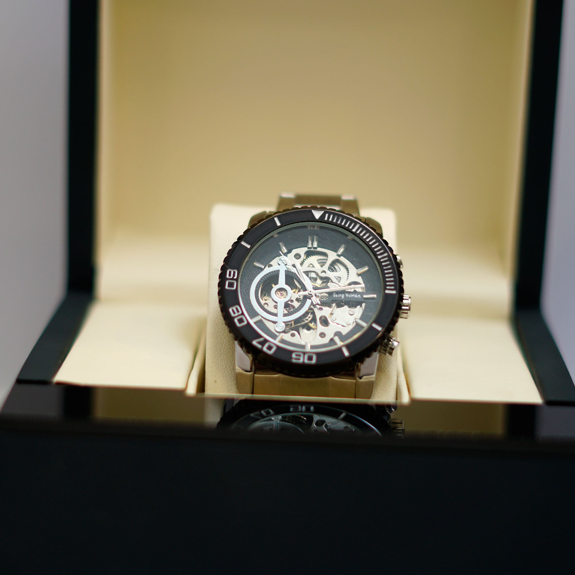 Bing Wang Skeleton Watch with Black Bezel and Stainless Steel Bracelet