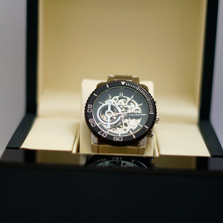 Bing Wang Skeleton Watch with Black Bezel and Stainless Steel Bracelet