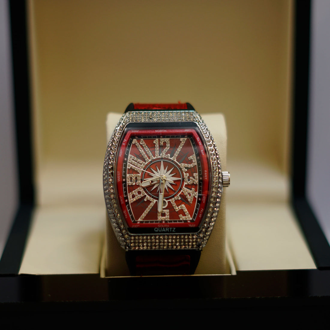 Luxury Crystal-Embellished Barrel Watch with Red Dial and Rubber Strap