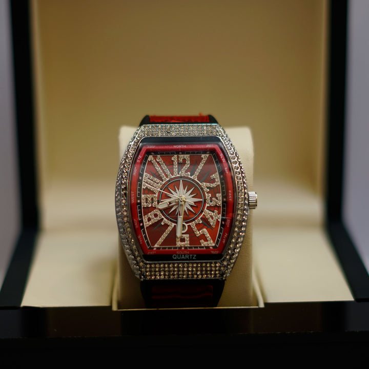 Luxury Crystal-Embellished Barrel Watch with Red Dial and Rubber Strap
