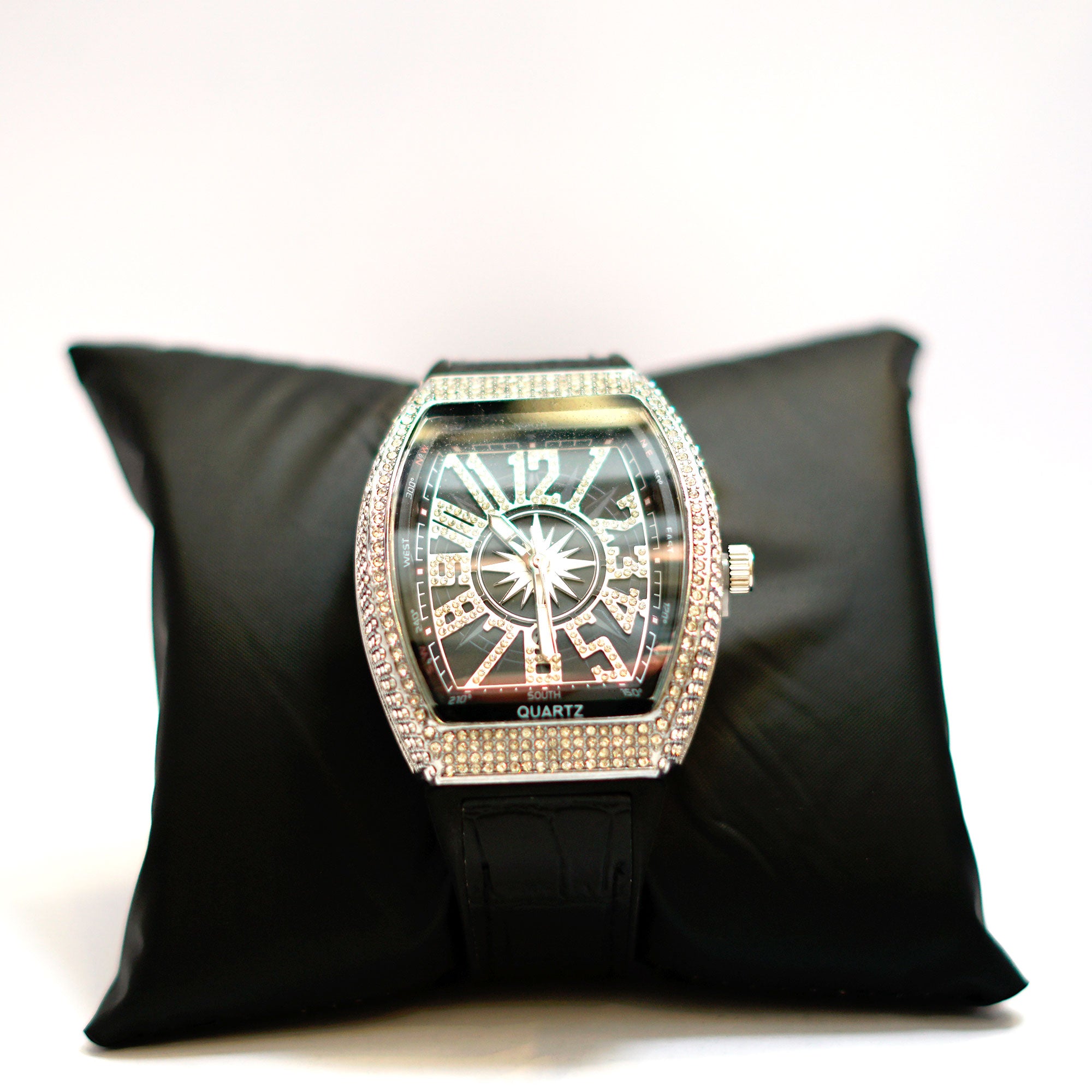Luxury Crystal-Embellished Barrel Watch with Black Dial and Rubber Strap