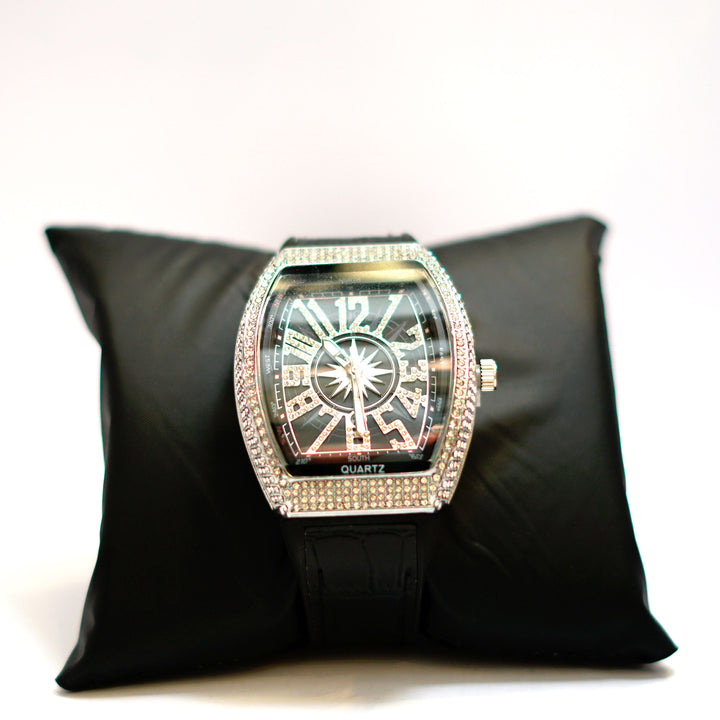 Luxury Crystal-Embellished Barrel Watch with Black Dial and Rubber Strap