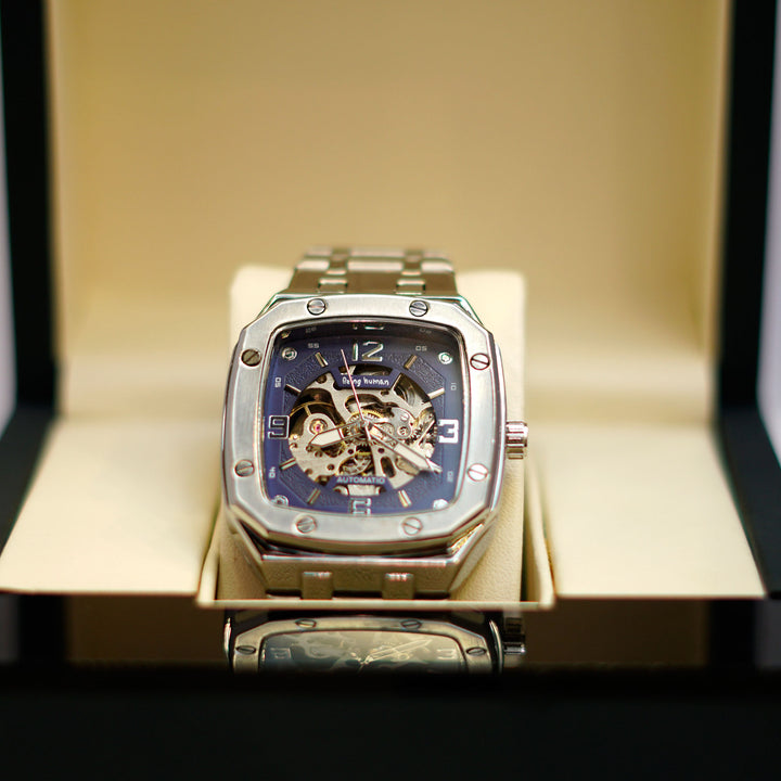 Bing Wang Barrel-Shaped Skeleton Watch with Blue Dial and Stainless Steel Bracelet