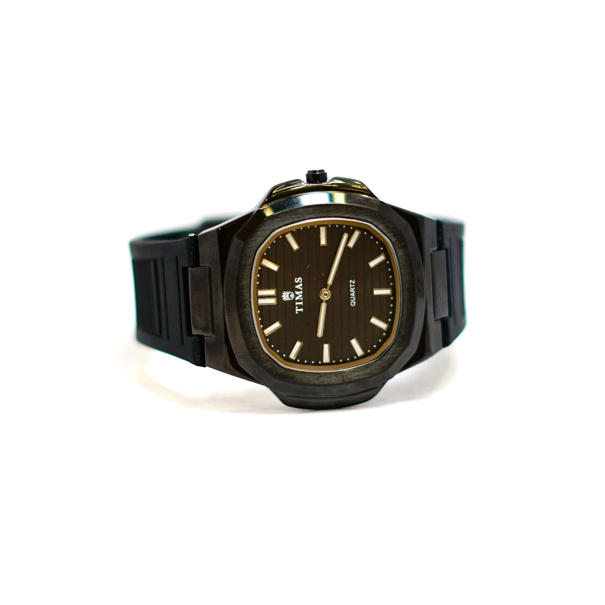 TIMAS Cushion-Shaped Watch with Black Dial, Gold Bezel and Rubber Strap