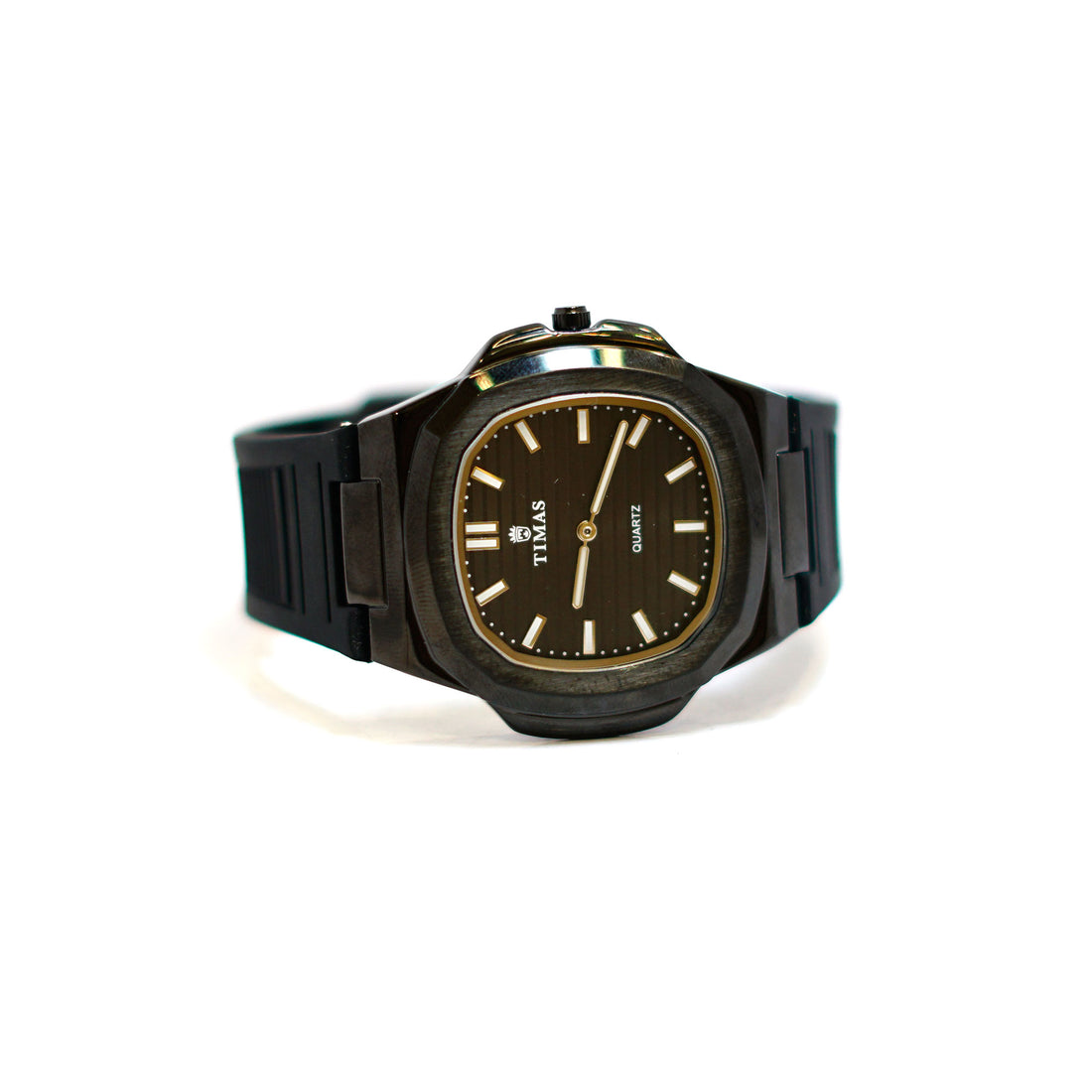 TIMAS Cushion-Shaped Watch with Black Dial, Gold Bezel and Rubber Strap