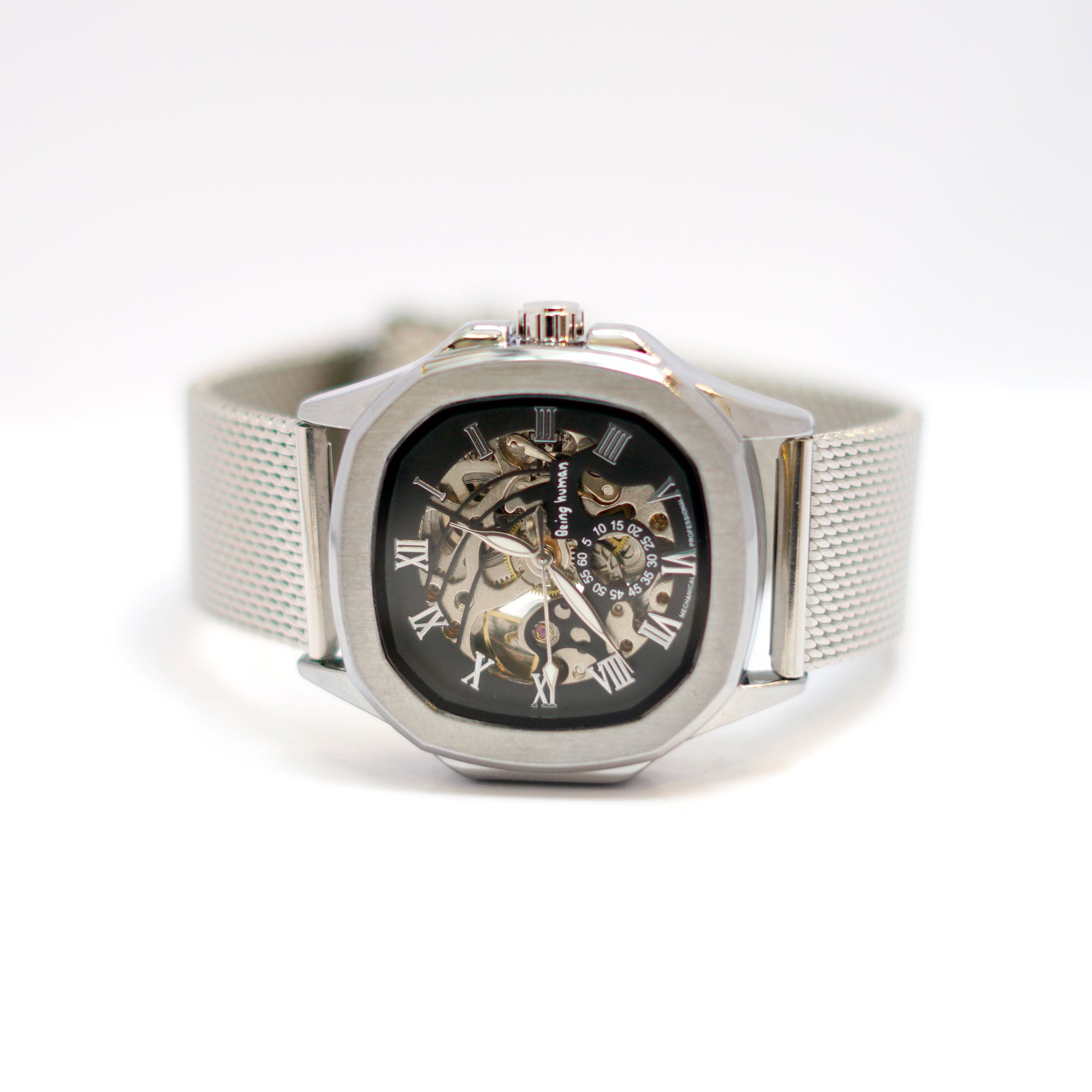 Silver Skeleton Watch with Mesh Band and Roman Numerals