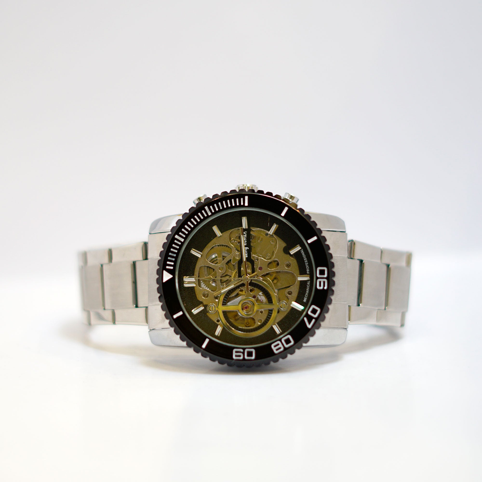 Bing Wang Skeleton Watch with Black Bezel and Stainless Steel Bracelet