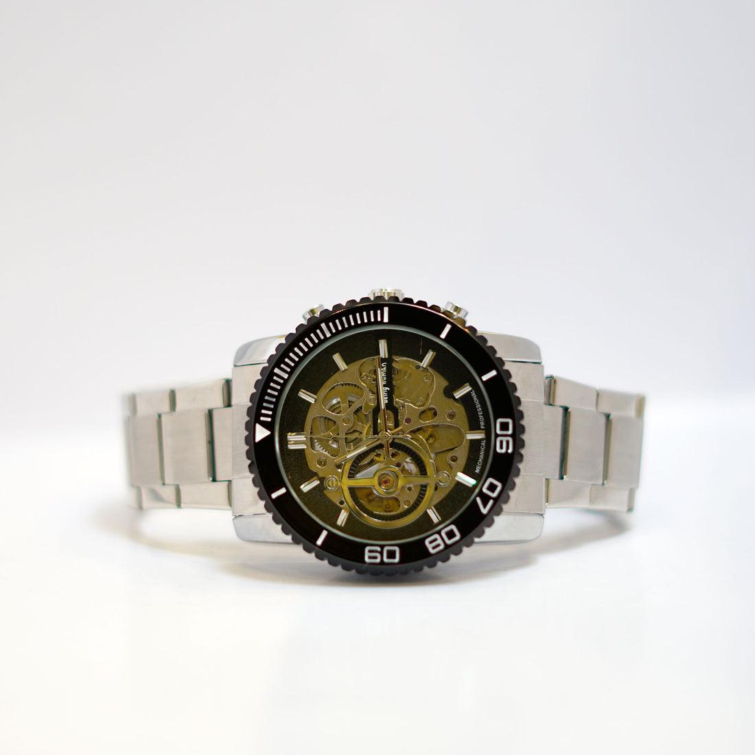 Bing Wang Skeleton Watch with Black Bezel and Stainless Steel Bracelet