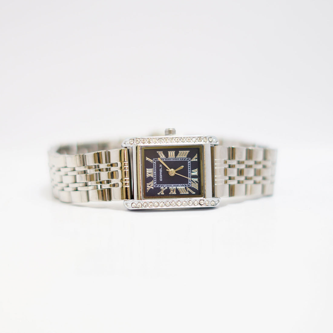 COMTEX Crystal-Embellished Rectangular Ladies Watch with Black Dial