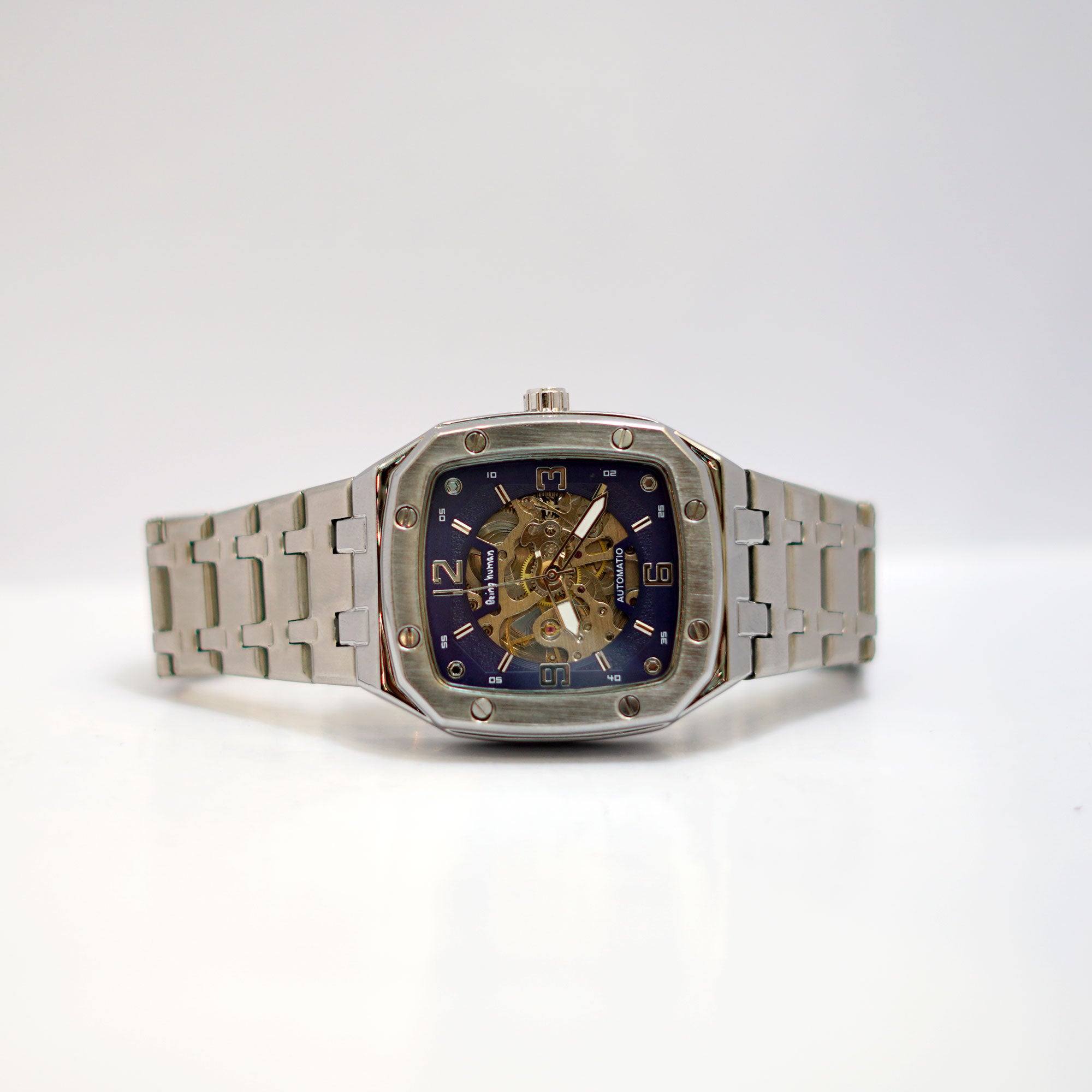 Bing Wang Barrel-Shaped Skeleton Watch with Blue Dial and Stainless Steel Bracelet