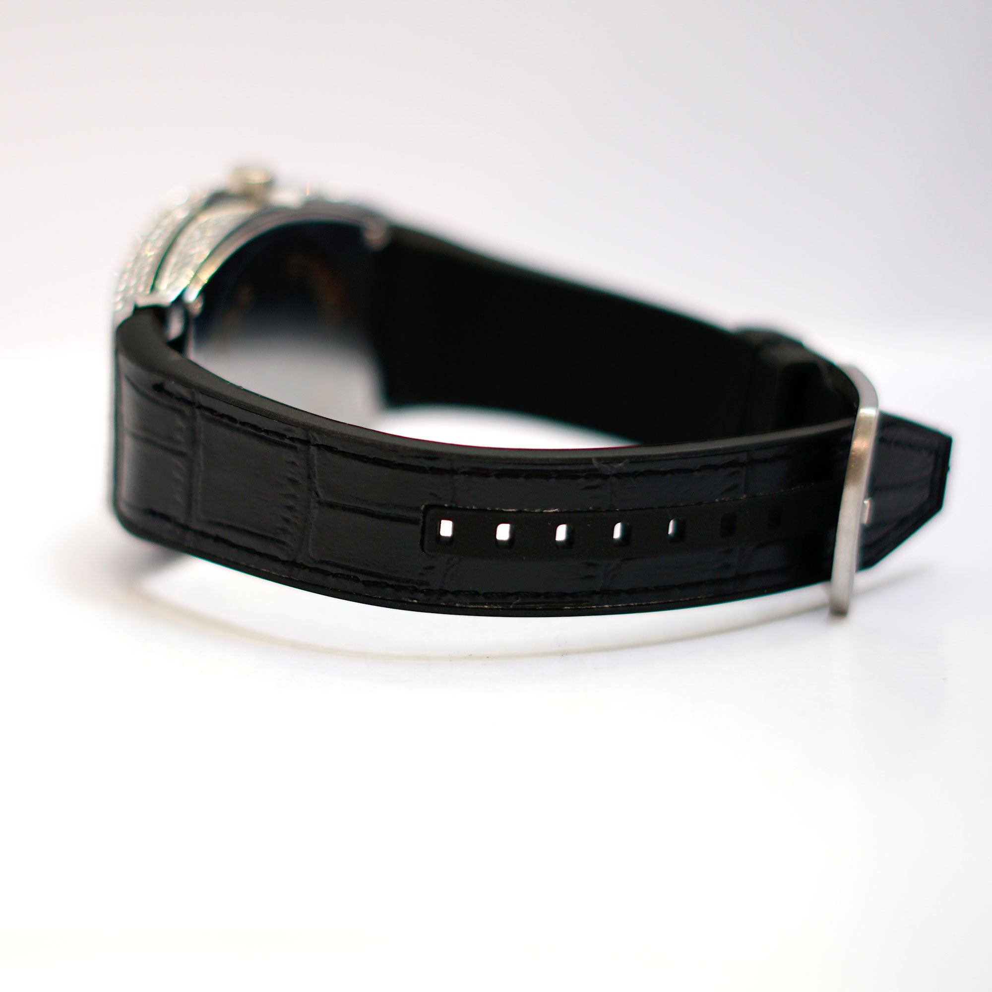 Luxury Crystal-Embellished Barrel Watch with Black Dial and Rubber Strap