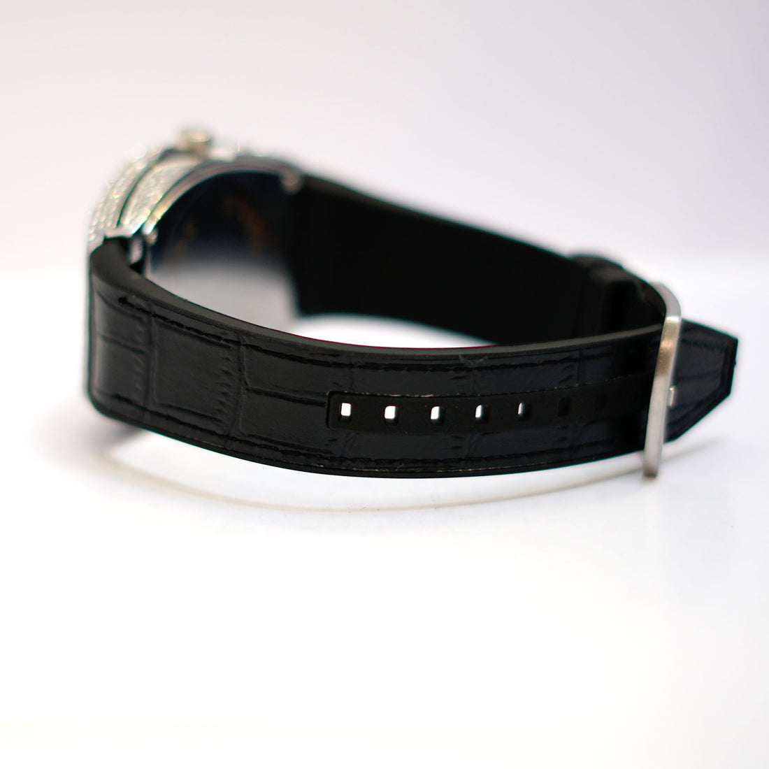 Luxury Crystal-Embellished Barrel Watch with Black Dial and Rubber Strap