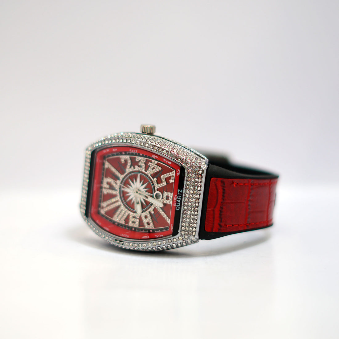 Luxury Crystal-Embellished Barrel Watch with Red Dial and Rubber Strap